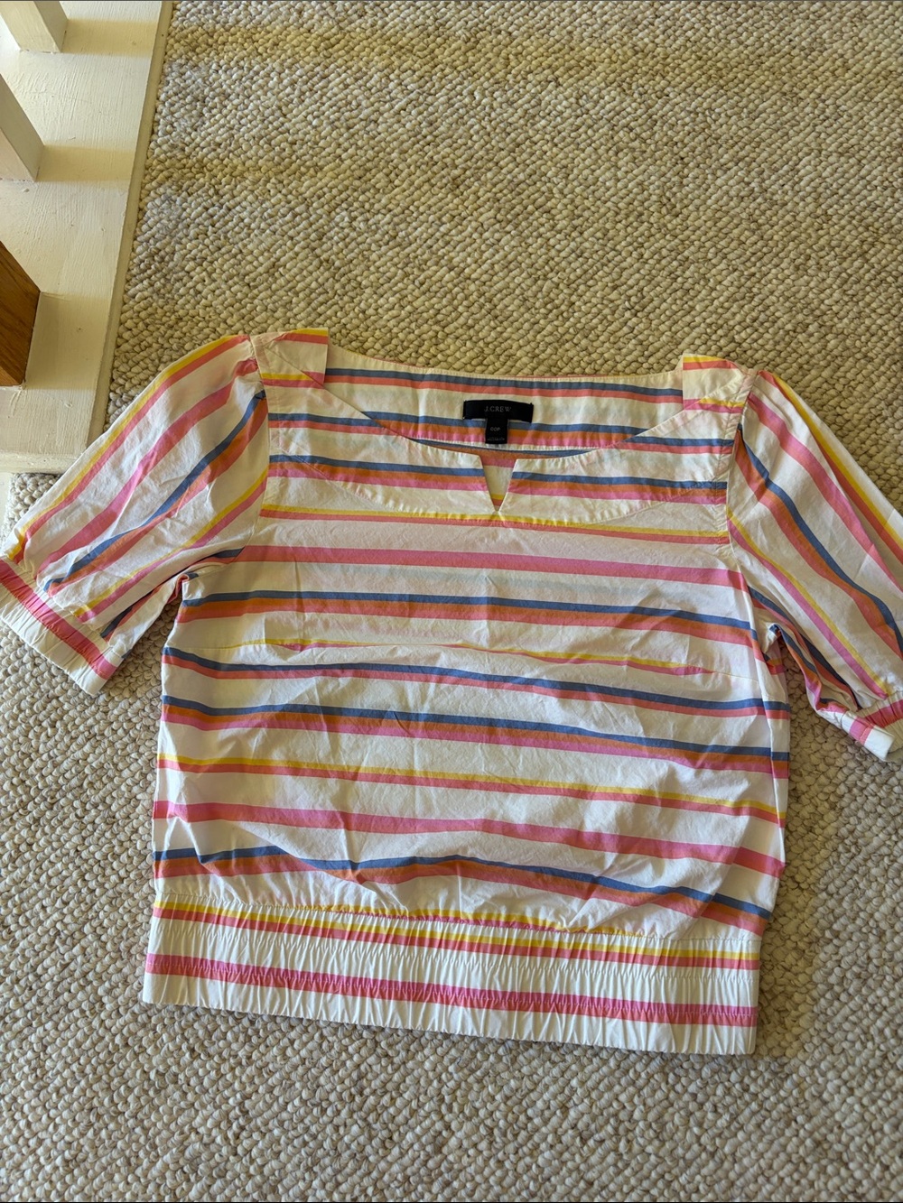 J. Crew Striped Square-Neck Puff Sleeve Crop Top — Pink, Yellow, Blue, Cream